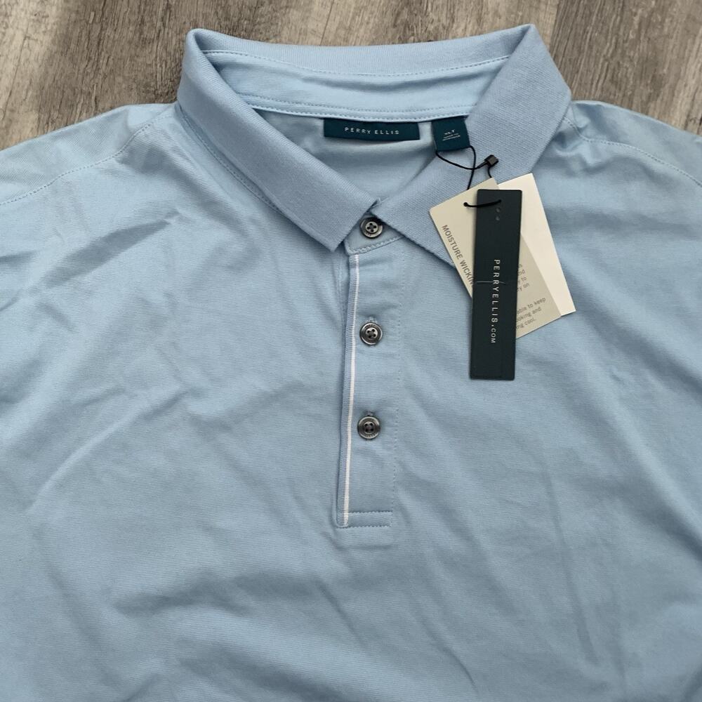 Perry Ellis Shirt Mens XLT Blue Short Sleeve Ringer Polo Moisture Wicking NEW